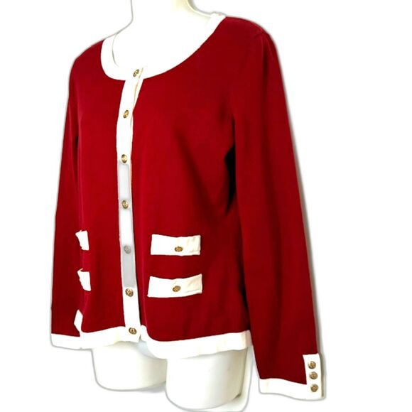PENDLETON RED & OFF WHITE COTTON SWEATER SIZE M GOLD BUTTONS *SEE DESCRIPTION* - Picture 5 of 11